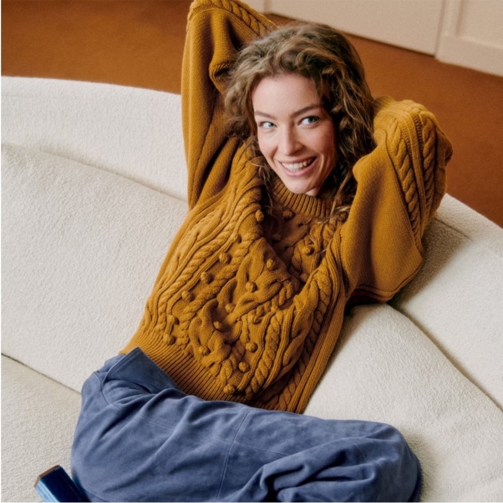SEZANE Bronze Yellow Orange Textured Cableknit Pullover Sweater Melvin Jumper XS